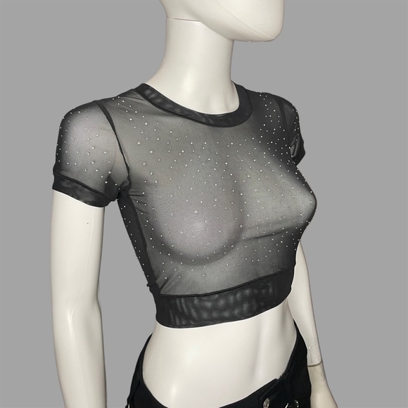 ANWND Sheer Black‎ Rhinestone Crop Top - Picture 2 of 5